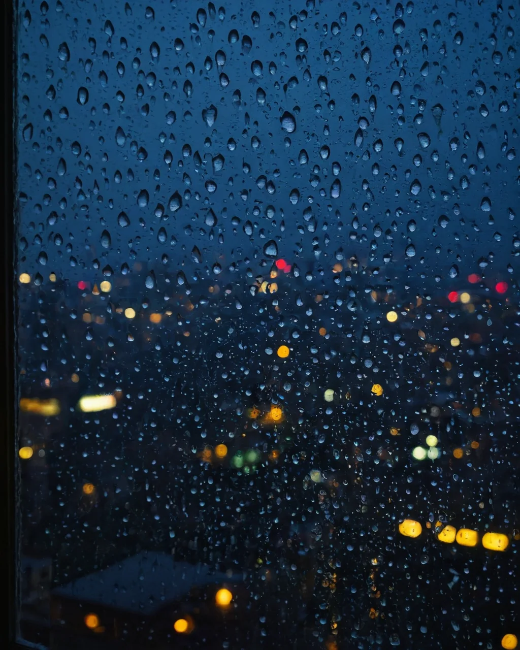 Raindrops on a window with blurred city lights visible in the background at night.