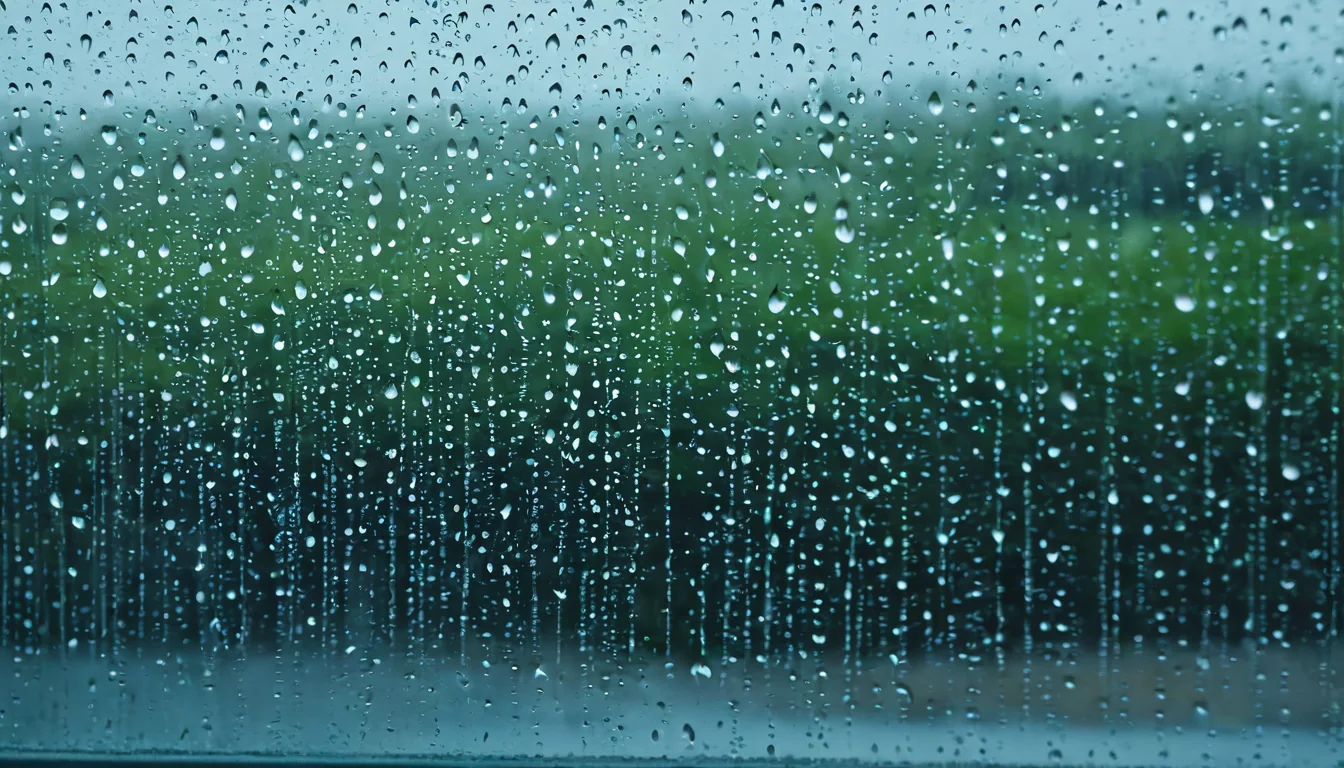 Raindrops sliding down a window with a green blurred background