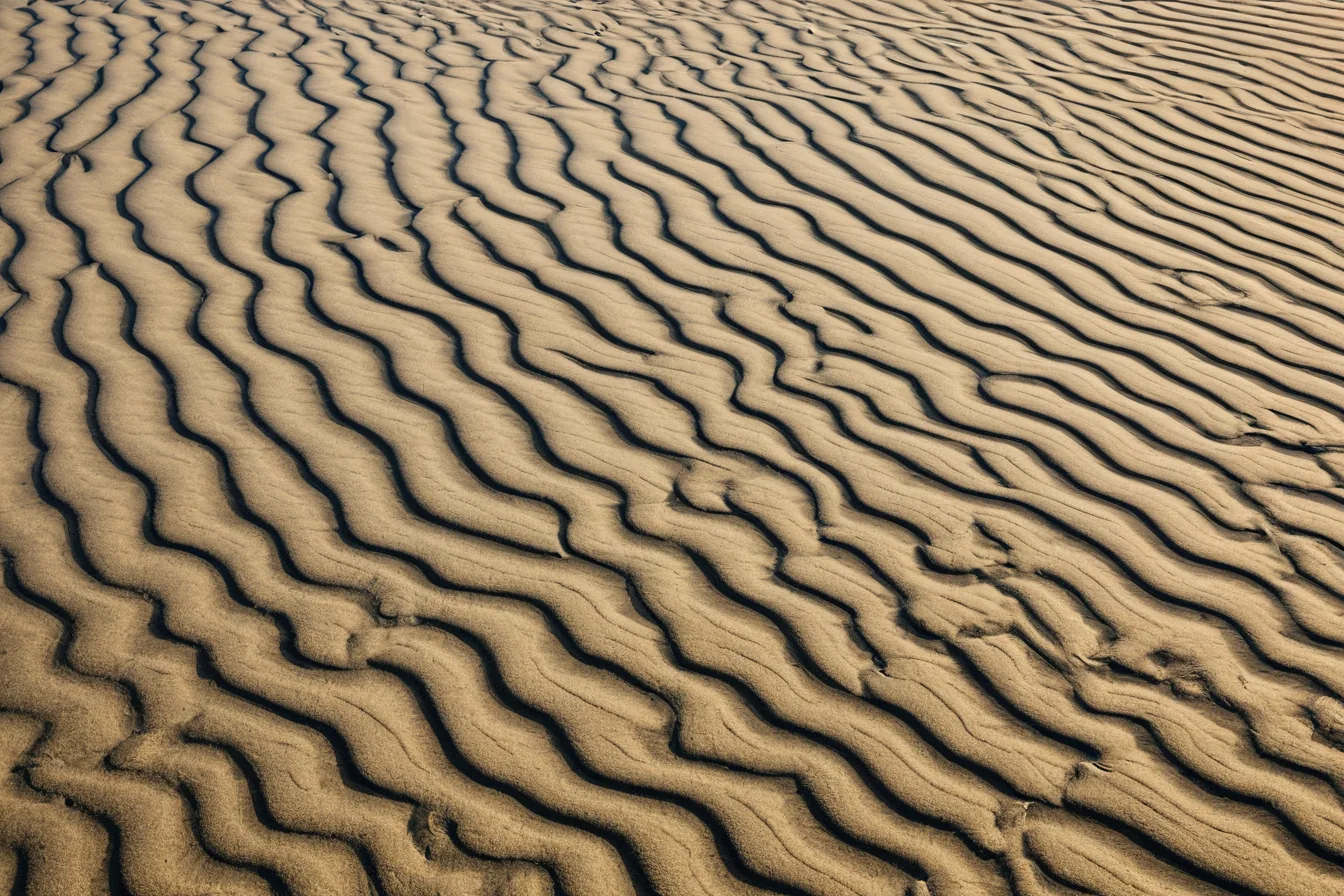 Rhythmic wave patterns in golden sand with deep shadows creating a textured desert surface.