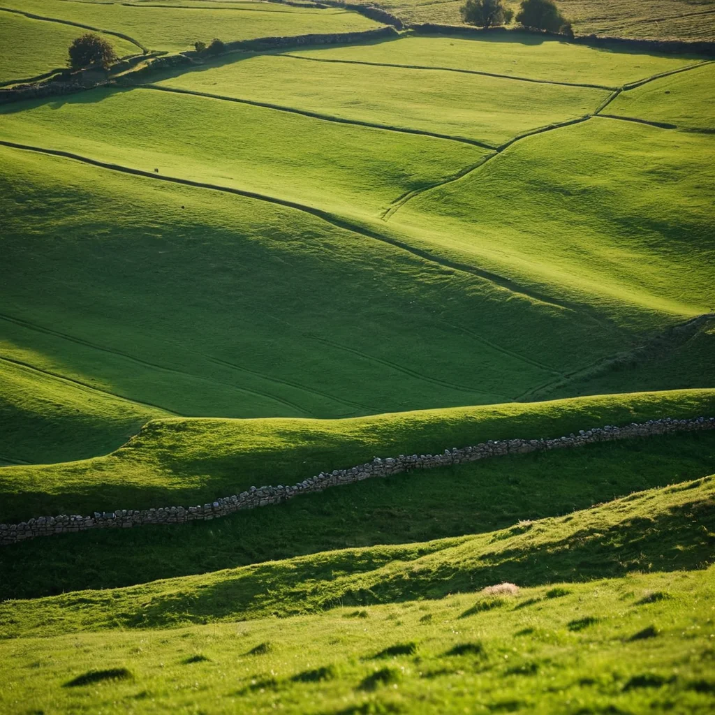 Rolling green hills with stone walls and scattered trees under bright sunlight