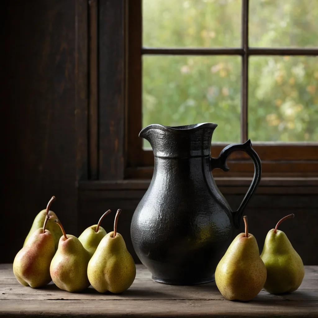 Seven pears and a black pitcher on a wooden windowsill with natural light.