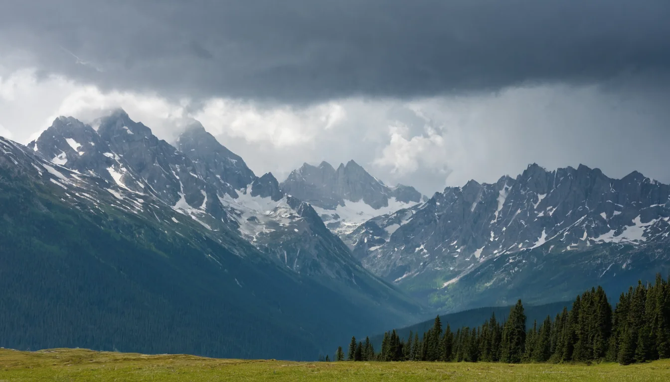 Snow capped mountains under dark storm clouds with green meadow and pine trees below
