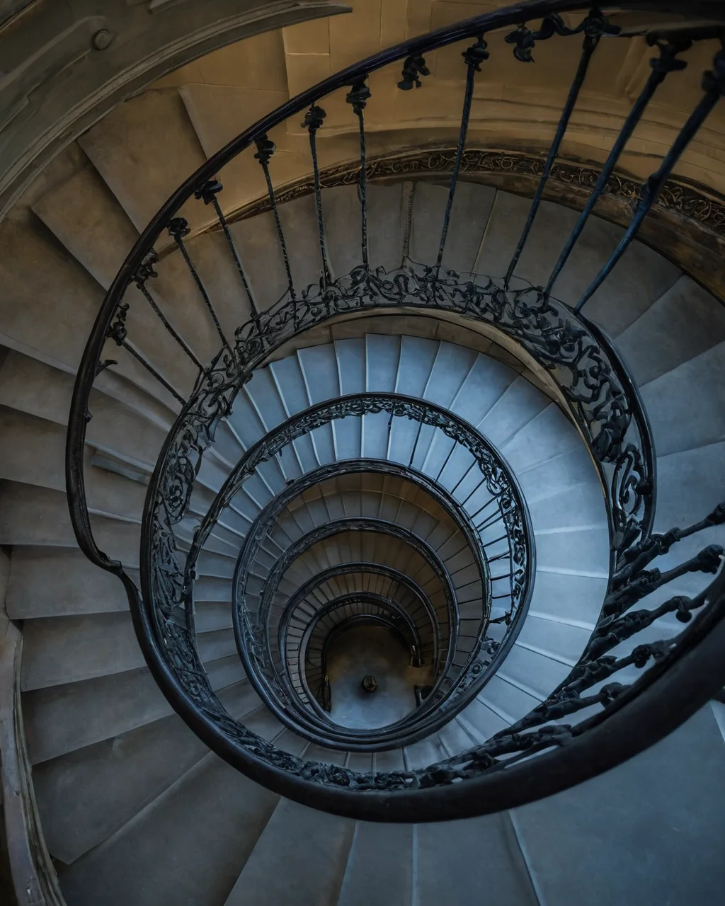 Spiral stone staircase with black iron railings viewed from above