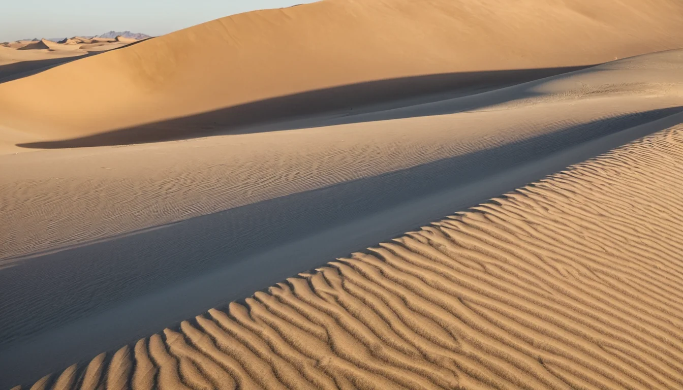 Sunlit desert dunes with rippled sand and long shadows from distant mountains.