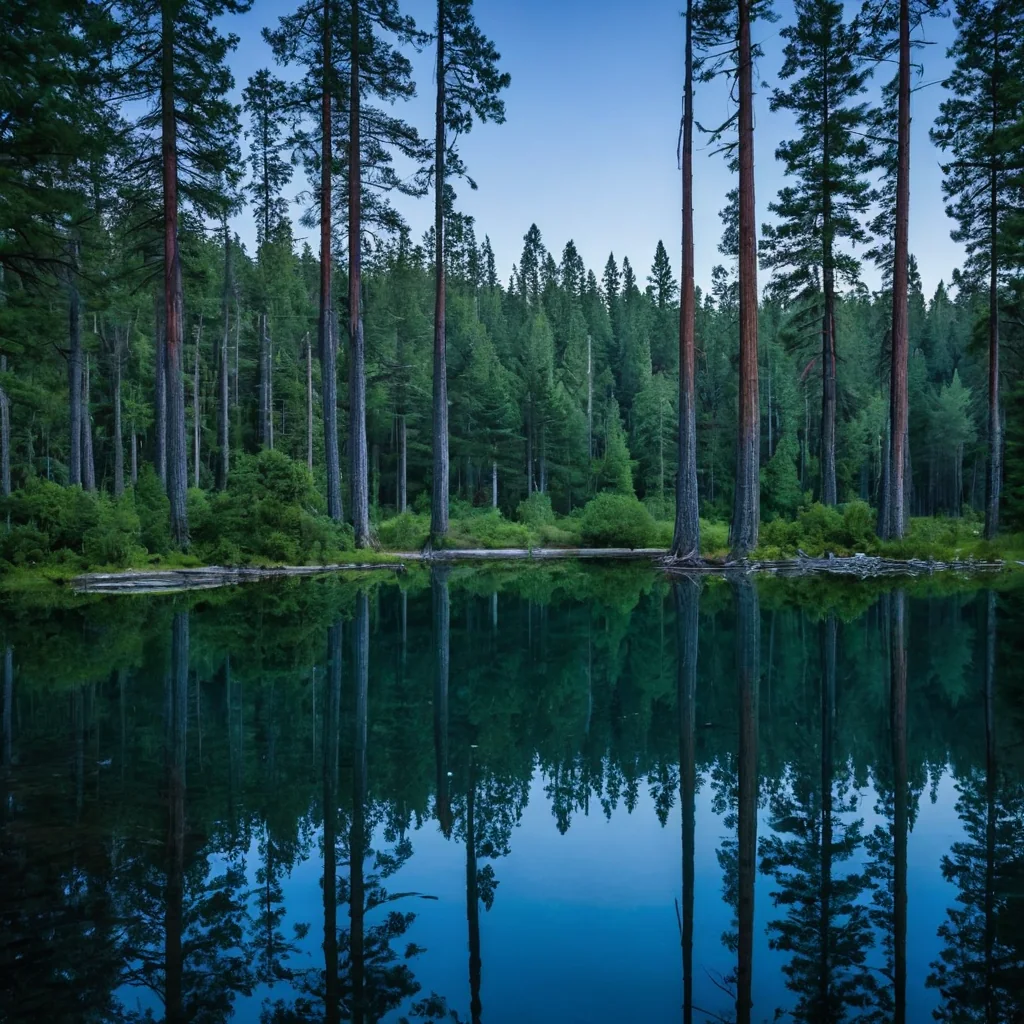 Tall pine trees reflected in a calm blue lake at twilight