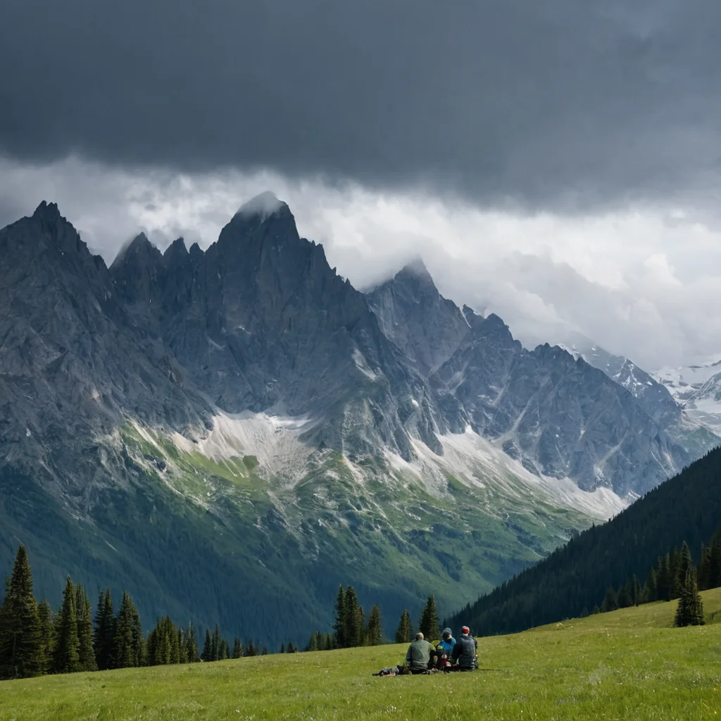 Three people sitting on grass facing mountains under storm clouds