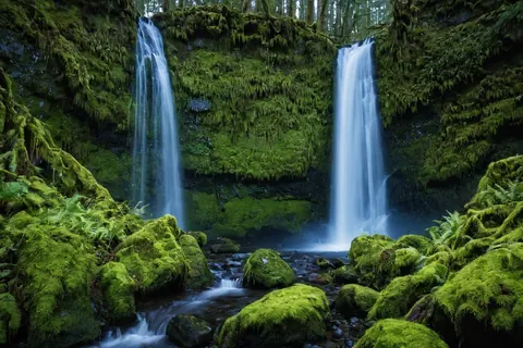 Two waterfalls flow over mossy rocks into a stream in a dense green forest.