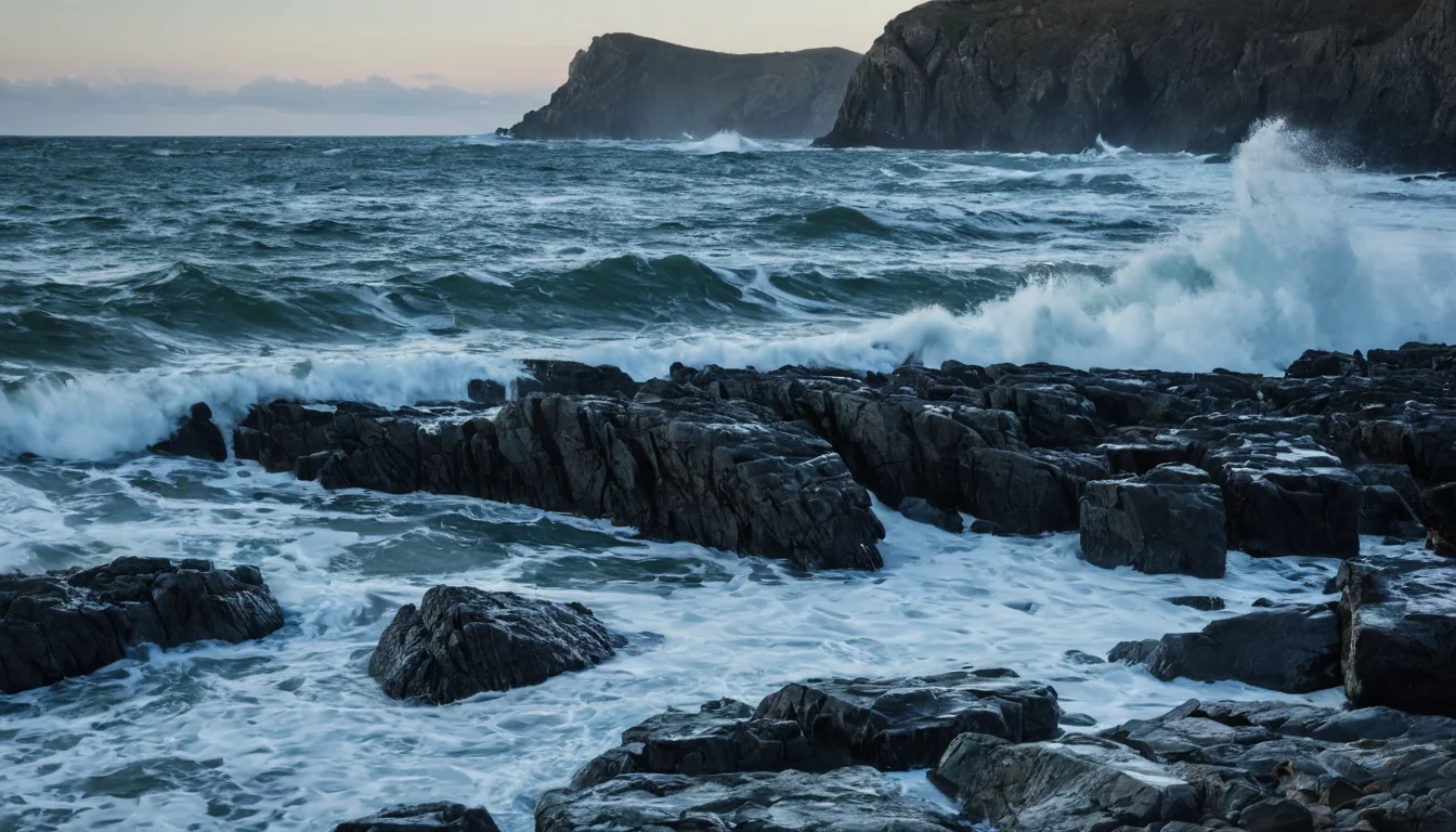 Waves crash against dark rocks at a stormy coastal cliff during dusk