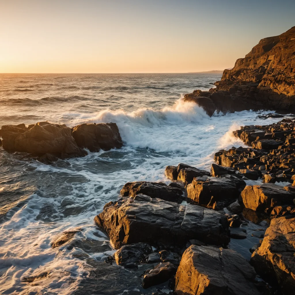 Waves crash against dark rocks at sunset on a rugged coastline.