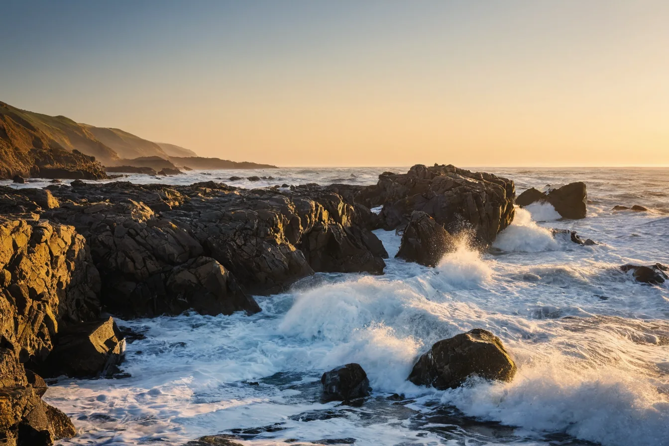 Waves crash against dark rocks at sunset with golden light on the water and cliffs in background