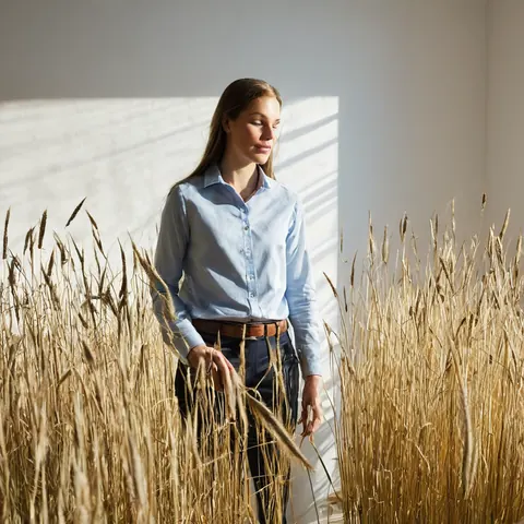 Woman in blue shirt standing among golden wheat stalks in soft sunlight