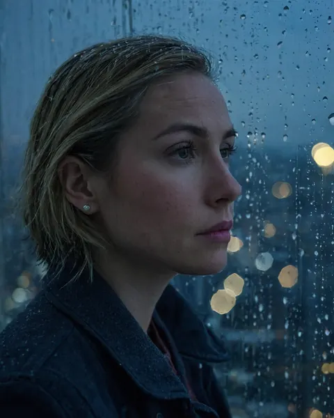 Woman in dark coat looks out rain-streaked window at glowing city lights at night.