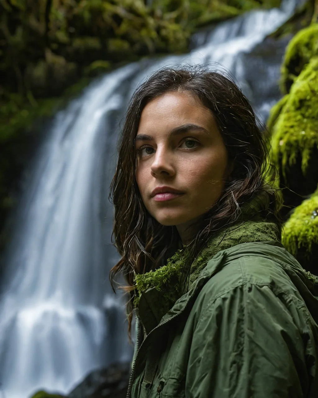 Woman in mossy green jacket standing near waterfall in forest