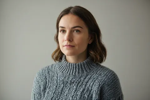 Woman with brown hair and green eyes wearing a gray textured turtleneck sweater.