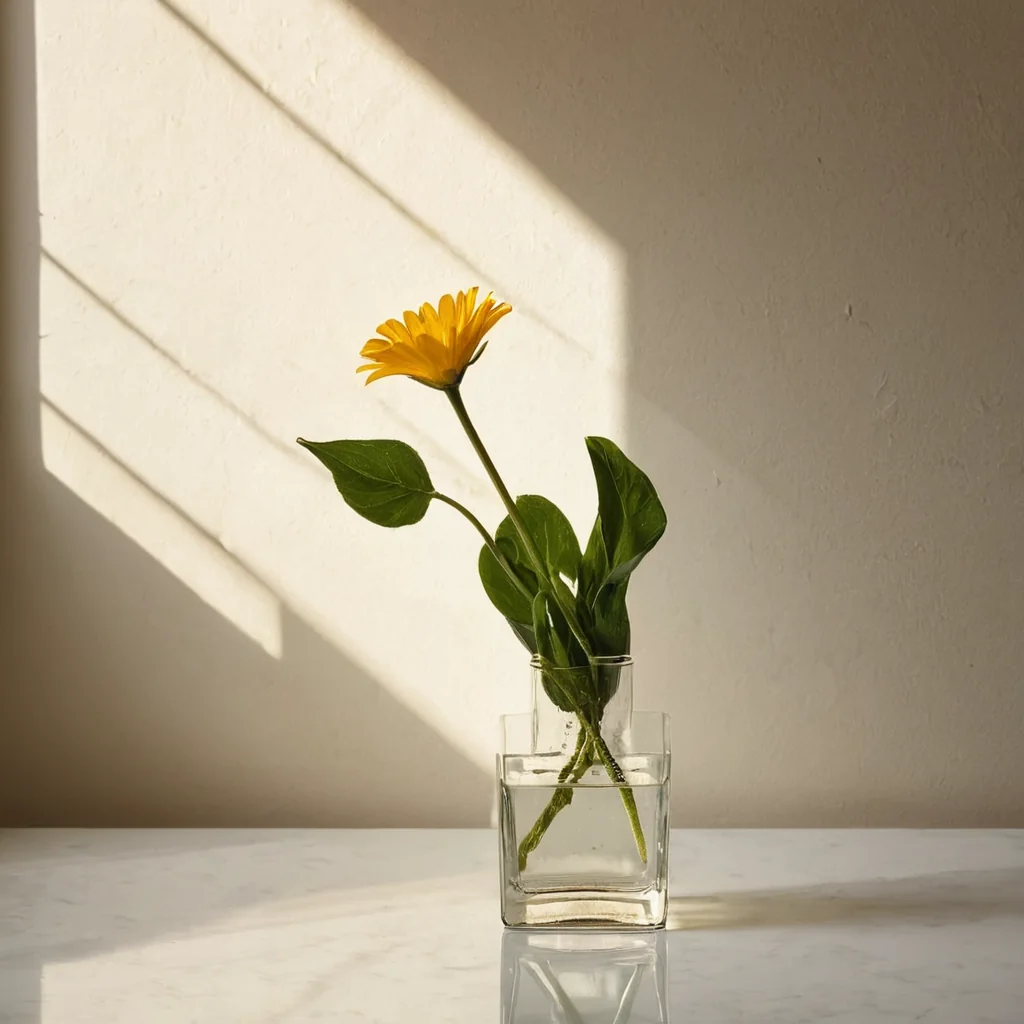 Yellow flower in glass vase on marble surface with sunlight casting shadows on wall