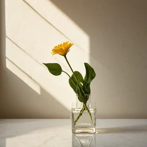 Yellow flower in glass vase on marble surface with sunlight casting shadows on wall