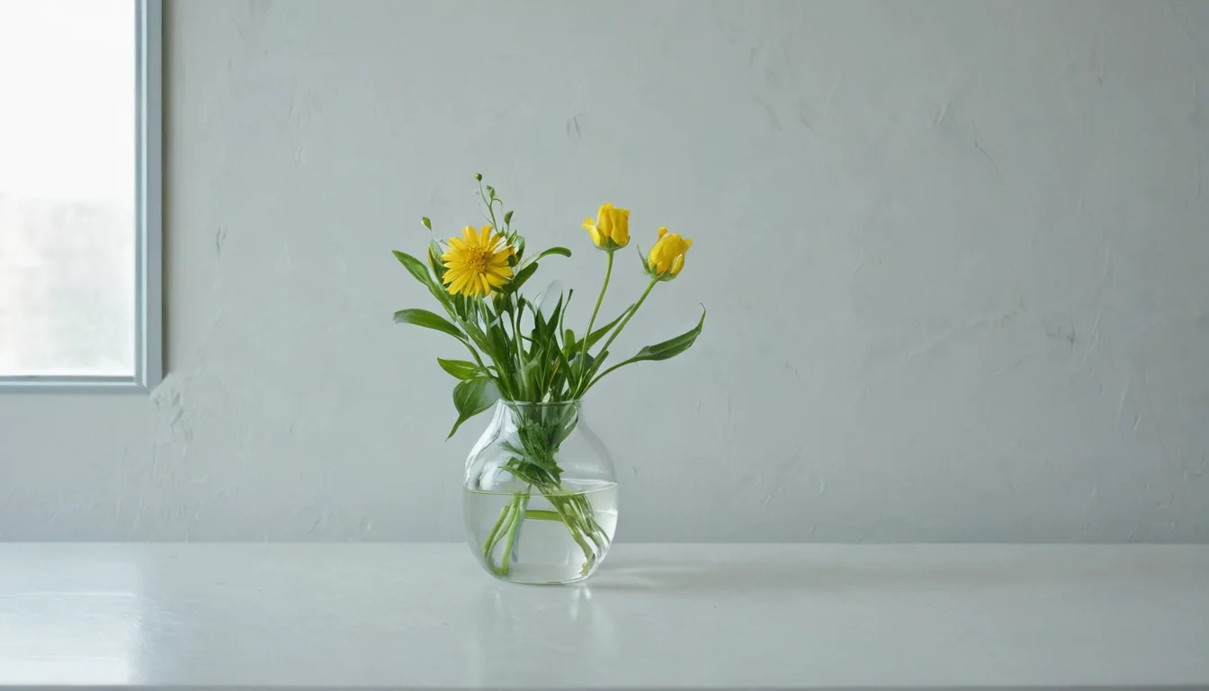 Yellow flowers in a glass vase on a white table near a window