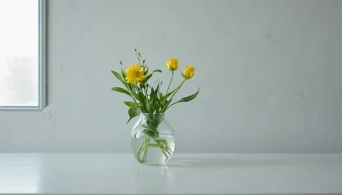 Yellow flowers in a glass vase on a white table near a window