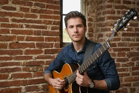 Young man holding acoustic guitar against brick wall indoors