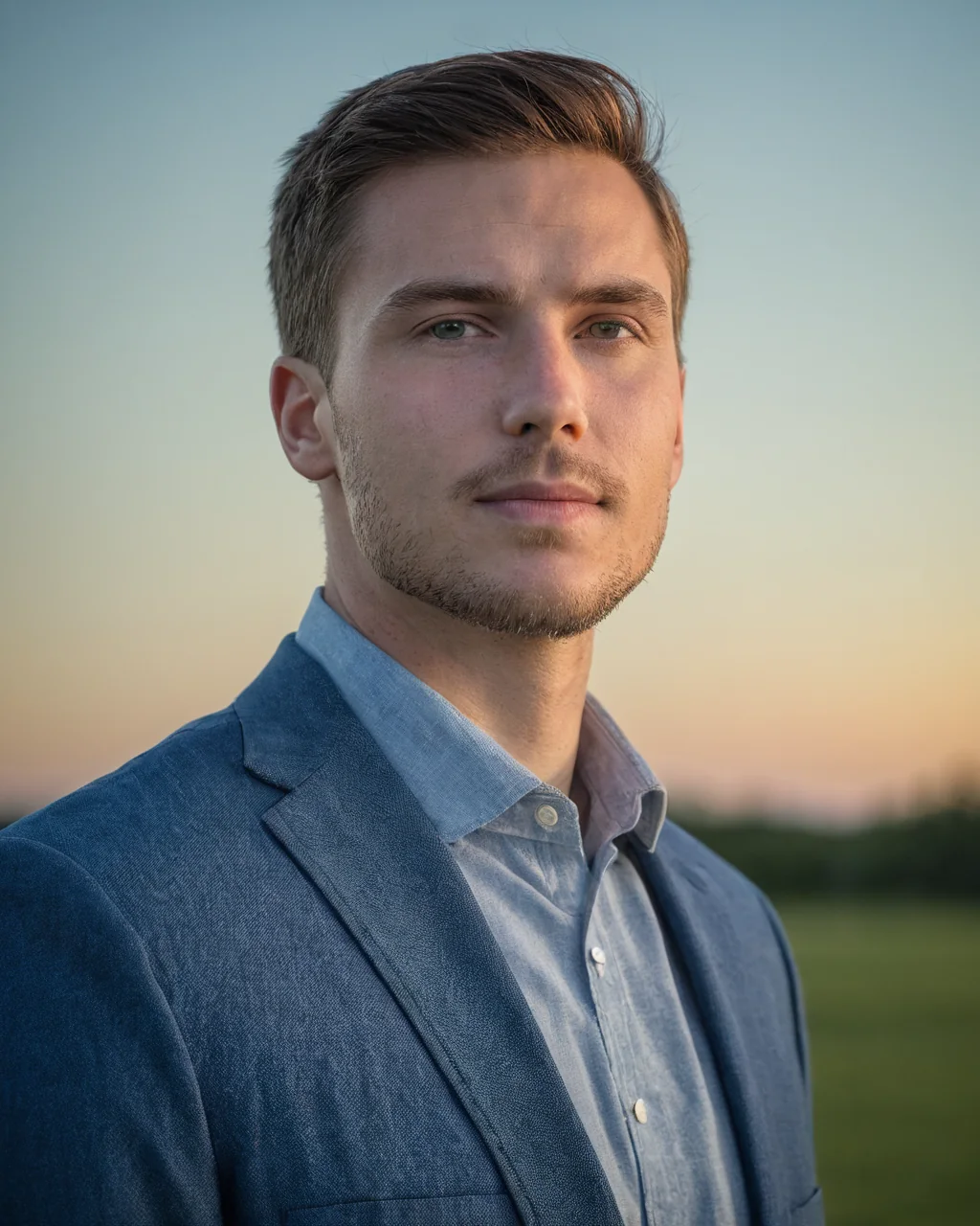 Young man in blue blazer and shirt standing outdoors at sunset