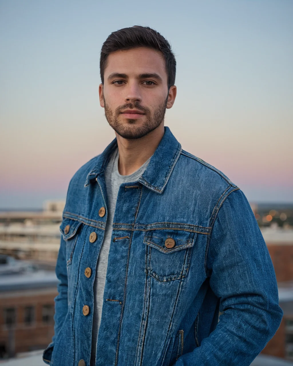 Young man wearing denim jacket on rooftop at sunset overlooking city