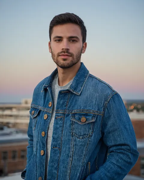 Young man wearing denim jacket on rooftop at sunset overlooking city